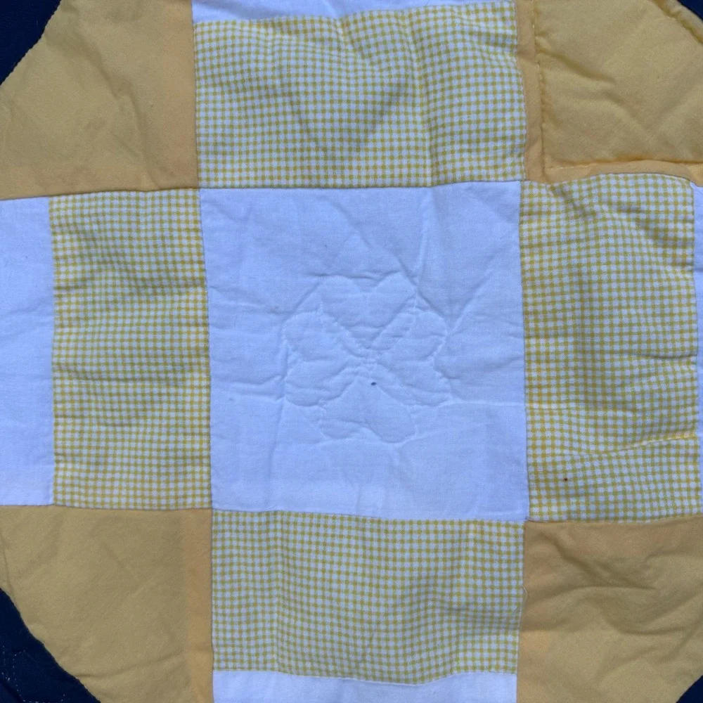 9.a.8 Vtg Handmade Hand Quilted Wall Quilt Blue Yellow Gingham Motifs 34x33.5